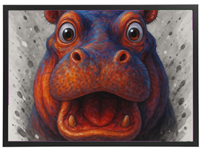 Et nærbillede af en farverig flodhest med store øjne og en åben mund, der udstråler livlighed.