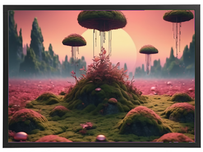 Et surrealistisk landskab med svævende svampe over en frodig, grøn bakke i en drømmeagtig atmosfære.