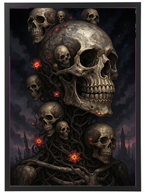 En dramatisk illustration af en menneskelig figur sammensat af flere skeletter og mørke elementer.