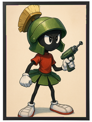 Et farverigt karakterdesign af en kriger iført en hjelm og skørt, med en legetøjspistol.