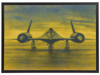 Et kunstnerisk billede af et futuristisk jetfly, der står stille i vandet under en dramatisk solnedgang.