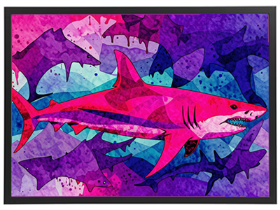 En livlig og farverig illustration af en haj i pink nuancer, omgivet af mørkere silhuetter.