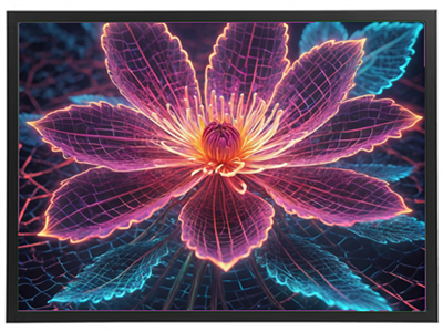 Et farverigt 3D-billede af en blomster med neon-lignende effekter og detaljerede blade.