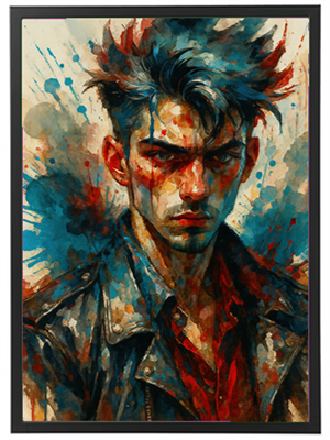 Et dramatisk portræt af en ung mand med spidse, farvede hår og en læderjakke, omgivet af farverige sprøjt.