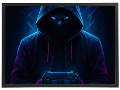 En skikkelse iført hætte trækker i en spillecontroller, omgivet af blå og lilla lys.