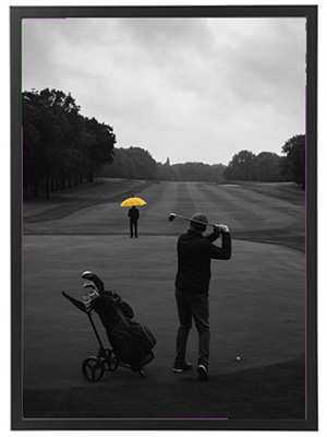 To golfspillere på en grøn bane under grå himmel, hvor en spiller bruger en gul paraply.