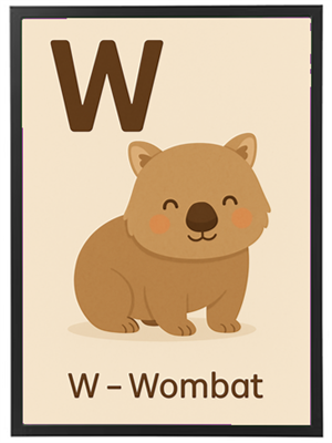 En sød og farverig illustration af en wombat med bogstavet W.