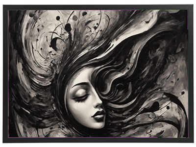 Et dramatisk sort-hvidt portræt af en kvinde med bølgende hår, omgivet af abstrakte elementer.