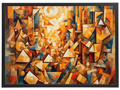 Et farverigt abstrakt maleri med geometriske former i nuancer af orange og guld.