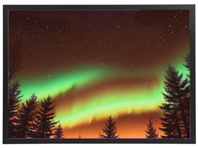 En betagende nattehimmel med nordlys, omgivet af mørke træer og stjerner.