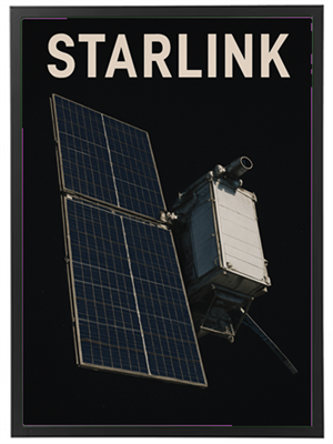 Billedet viser en Starlink-satellit med solpaneler, der svæver i rummet.