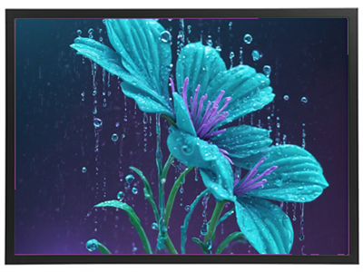 En smuk illustration af blomster med dråber, der falder som regn, i blå og lilla nuancer.