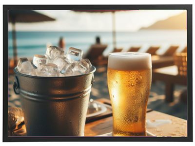 En kold øl i et glas ved siden af en spand med is, med en smuk strandbaggrund.