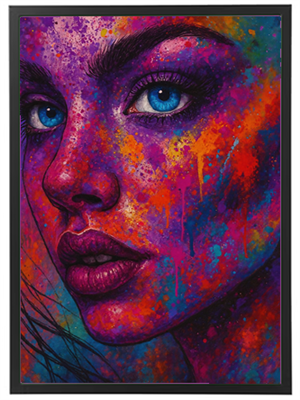 Et livligt og farverigt maleri af en ung kvindes ansigt med blå øjne.