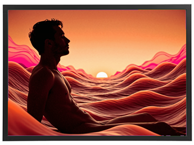 En mandlig silhuet sidder i en bølgende, farverig landskab ved solnedgang.