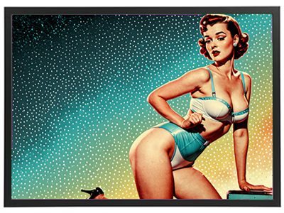 Et farverigt retro-inspireret billede af en kvinde i badetøj med en glamorøs holdning.