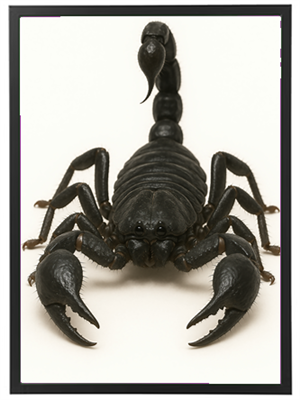 Et nærbillede af en sort skorpion med fremtrædende kløer og en krum hale.