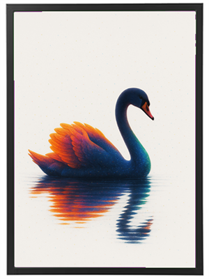 Et kunstværk af en svane med orange og blå nuancer, der reflekterer i vandet.