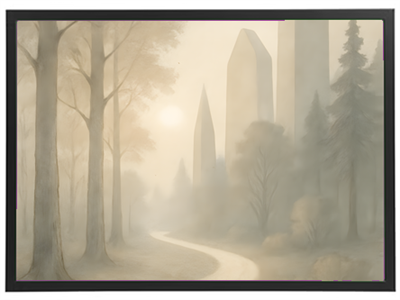 Et drømmende landskab med tåge, træer og tårnformede strukturer i baggrunden.