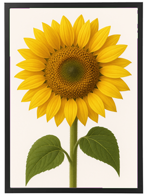 En smuk solsikke med strålende gule kronblade og grønne blade, præsenteret i en ramme.