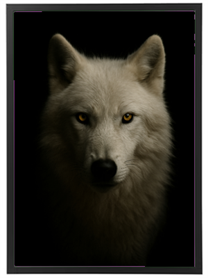 Et nærbillede af en hvid ulv med intense gule øjne, der ser direkte ind i kameraet.