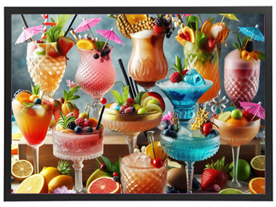 Et udvalg af farverige cocktails prydet med frugt og paraplyer, perfekt til festlige lejligheder.