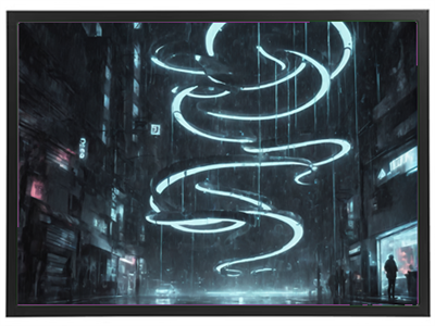 Et dystopisk bymiljø med neonbelyste spiraler og regn, der skaber en stemningsfuld atmosfære.