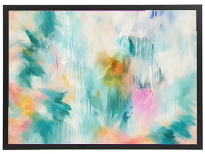 Et abstrakt maleri med bløde farver og flydende former, der skaber en drømmende atmosfære.