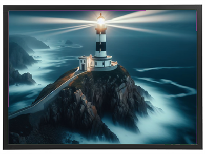 Et majestætisk fyrtårn står på en klippe, oplyst af stråler i natten, omgivet af bølger.