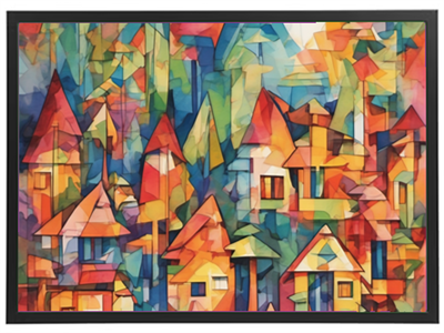 Et abstrakt maleri med farverige huse og træer, der skaber en livlig atmosfære.