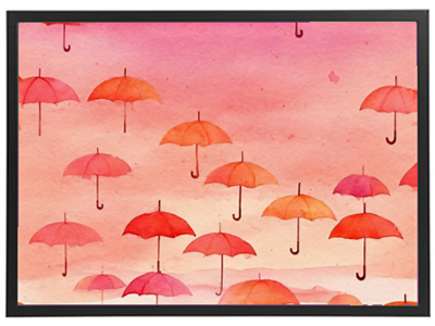Et maleri med svævende paraplyer i nuancer af rød og orange mod en blød, farvet baggrund.
