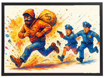 En farverig illustration af en tyv, der løber væk fra politiet med en pengepose.