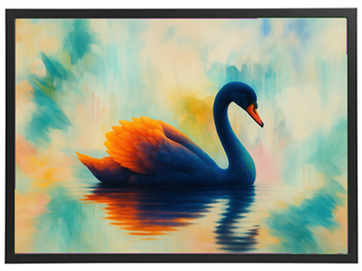 Et maleri af en svane med farverige fjer, der svømmer i roligt vand.