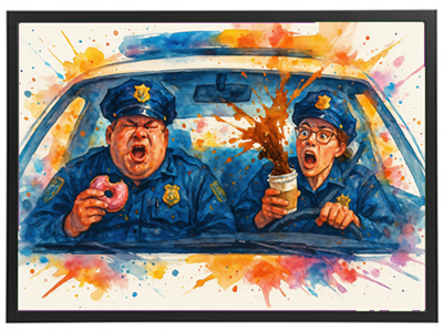Et farverigt akvarelmaleri af to politibetjente i en bil, hvor den ene spiser en donut, mens den anden reagerer dramatisk på en spildt kaffe.