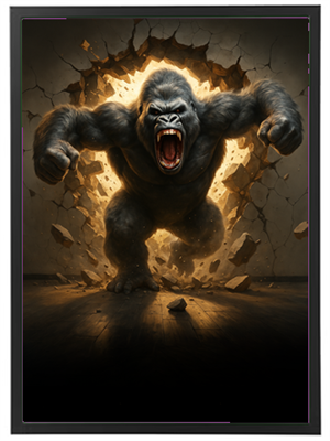 En imponerende gorilla, der brager igennem en væg med en truende attitude.