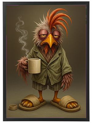 En humoristisk illustration af en fugl iført en frakke og slippers, der holder en kaffekop.