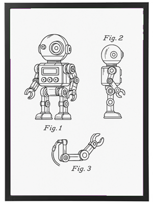 En teknisk tegning af en robot med forskellige perspektiver og en udskiftelig arm.