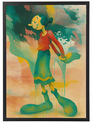 En livlig og farverig illustration af en karakter med store sko og en glad mine, omgivet af abstrakte farver.