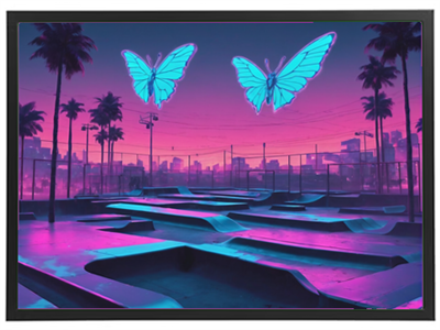 Et farverigt skatepark landskab med neonlysede sommerfugle og palmer i skumring.