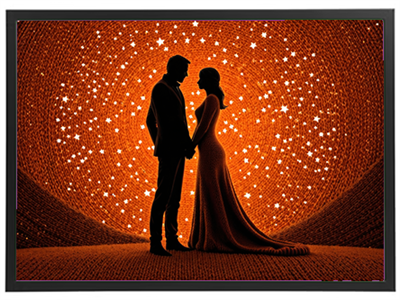 Et billede af et par i silhuet, der holder hænderne under en stjerneklar himmel.