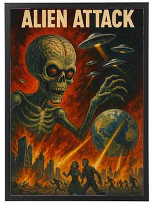 En dramatisk illustration af en alien med et skeletlignende hoved, der truer Jorden med UFOer i baggrunden.
