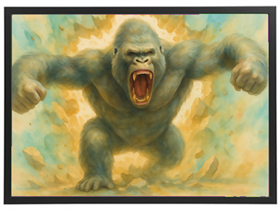 En kraftfuld gorilla brøler, omgivet af en dramatisk eksplosion af farver.