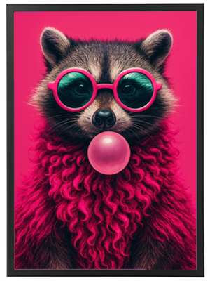 Et sjovt og farverigt billede af en vaskebjørn iført store solbriller og blæser bobler med tyggegummi.