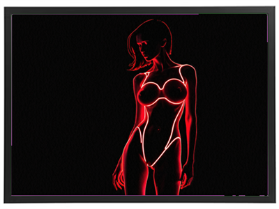 En stiliseret figur i neonrødt lys, der fremhæver konturerne af en kvindelig form.