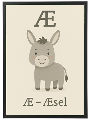Illustration af et sødt æsel med bogstavet Æ, der bruges til at lære danske bogstaver.