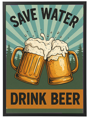 Et farverigt skilt med to ølkrus, der opfordrer til at drikke øl i stedet for at spare vand.