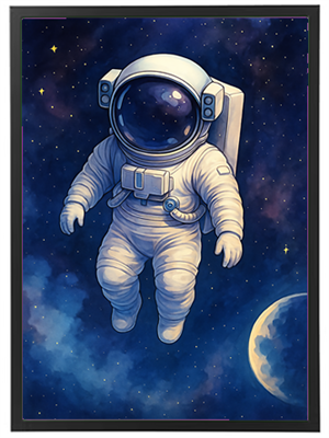 En illustration af en astronaut svævende i rummet med en planet i baggrunden.