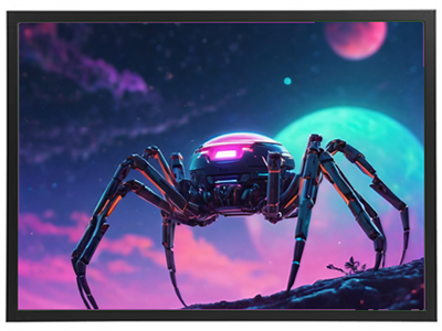 Et futuristisk billede af en robot-lignende edderkop i en farverig, sci-fi verden med to måner.
