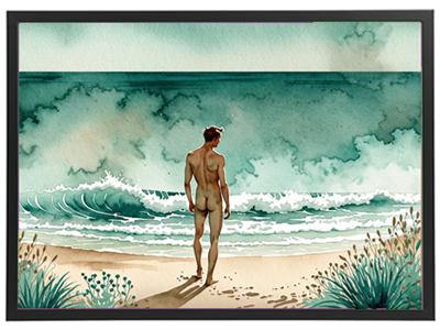 Akvarelmaleri af en mand, der står på stranden og kigger ud over bølgerne.