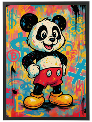 En tegneserieagtig panda i rød shorts og gule sko, omgivet af farverige grafiske elementer.